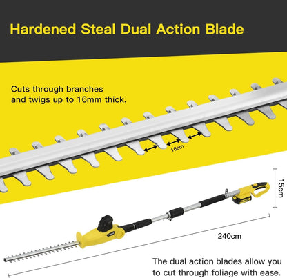 Cordless Pole Hedge Trimmer 20V 2 Batteries 2.4m Reach Adjustable Garden Cutter