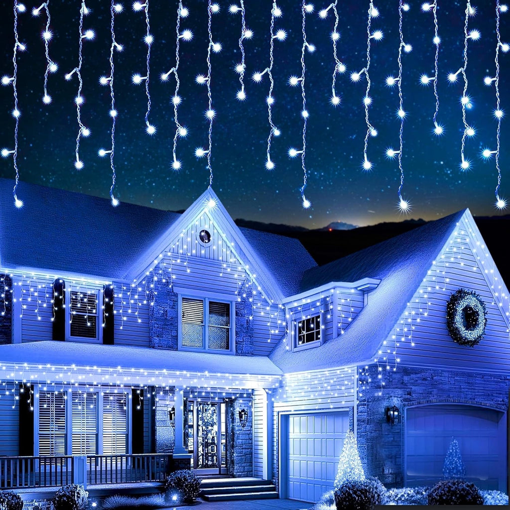 240 LED Icicle Christmas Lights Outdoor Cool White Timer Mains 240V Clear Cable