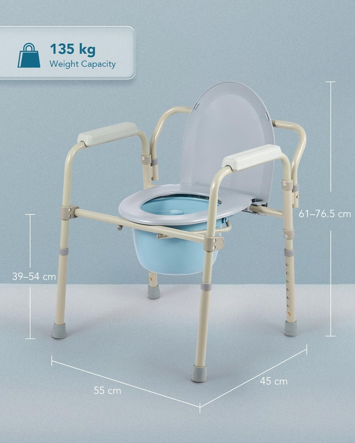 Foldable Bedside Commode Chair Portable Toilet with Pan 136kg Support