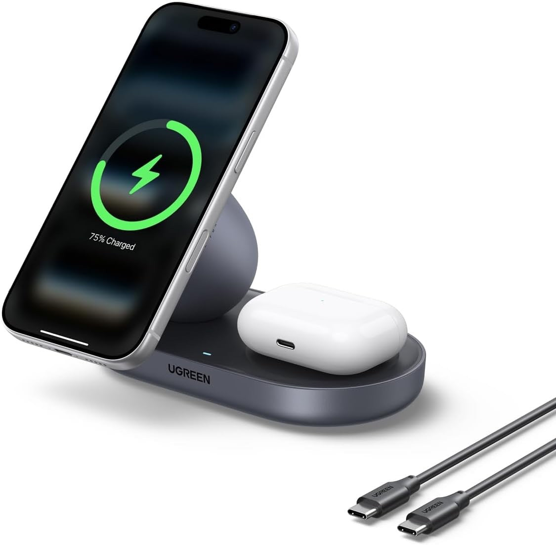 Qi2 Magnetic Wireless Charger Stand 15W 2-in-1 iPhone AirPods USB-C Grey Dock