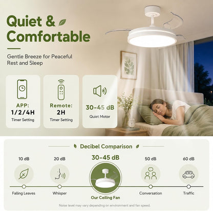 Ceiling Fan Light LED Remote Control 106cm Retractable Blades 6 Speed DC White