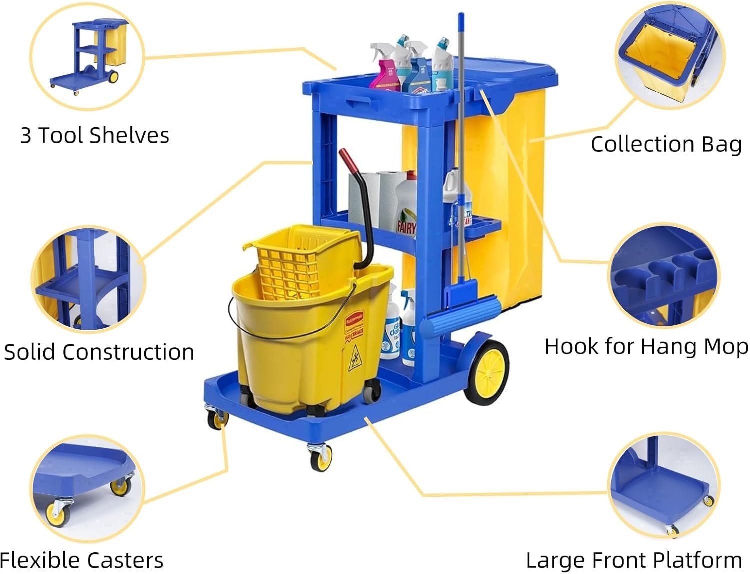 Heavy Duty Janitorial Cleaning Trolley Cart 3 Tier with Vinyl Bag Wheels Blue