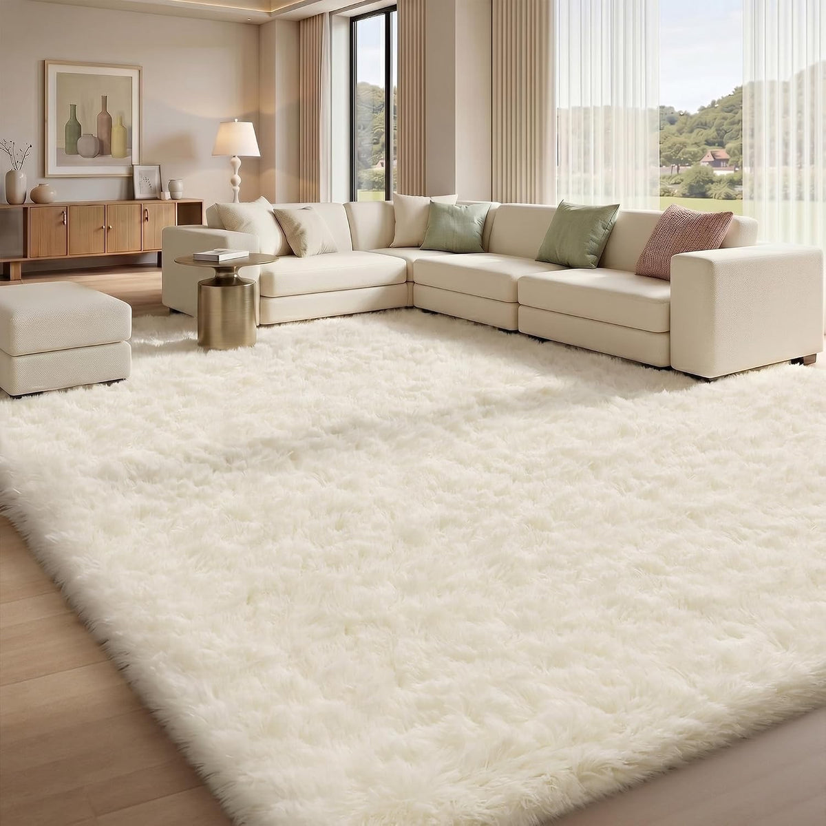 Living Room Rug Carpet 140x200cm Cream Fluffy Shaggy Non Slip Soft Washable