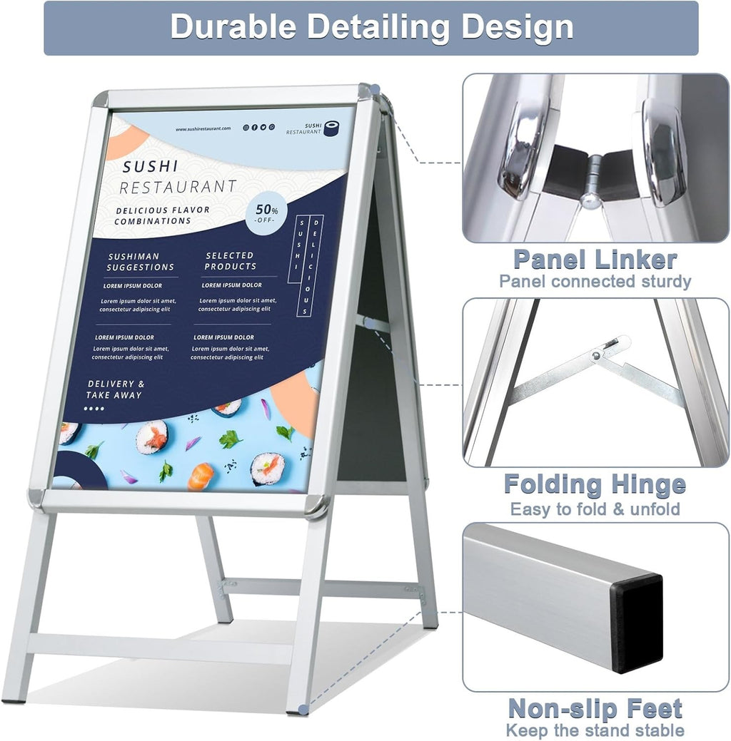 A2 Pavement Sign Frame Double Sided A-Board Poster Stand Silver Shop Display