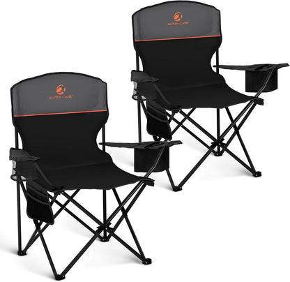 Folding Camping Chairs Pair Black Cooler Bag Cup Holder Side Pocket Carry Bags