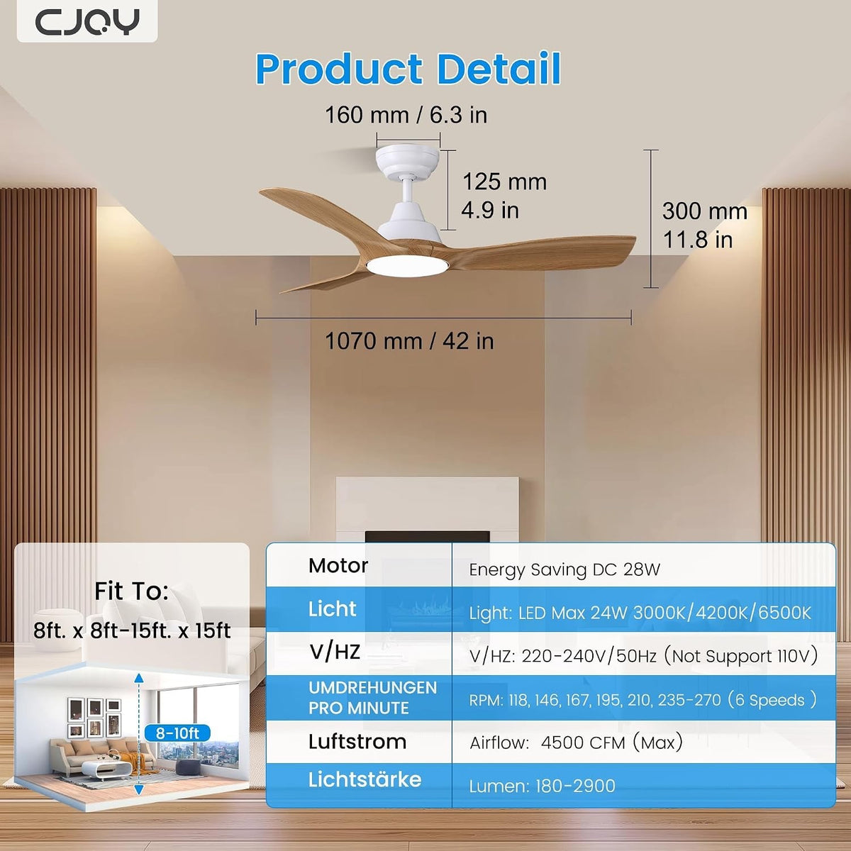 Ceiling Fan Light Remote Control 42 Inch Woodgrain LED Dimmable Reversible Motor