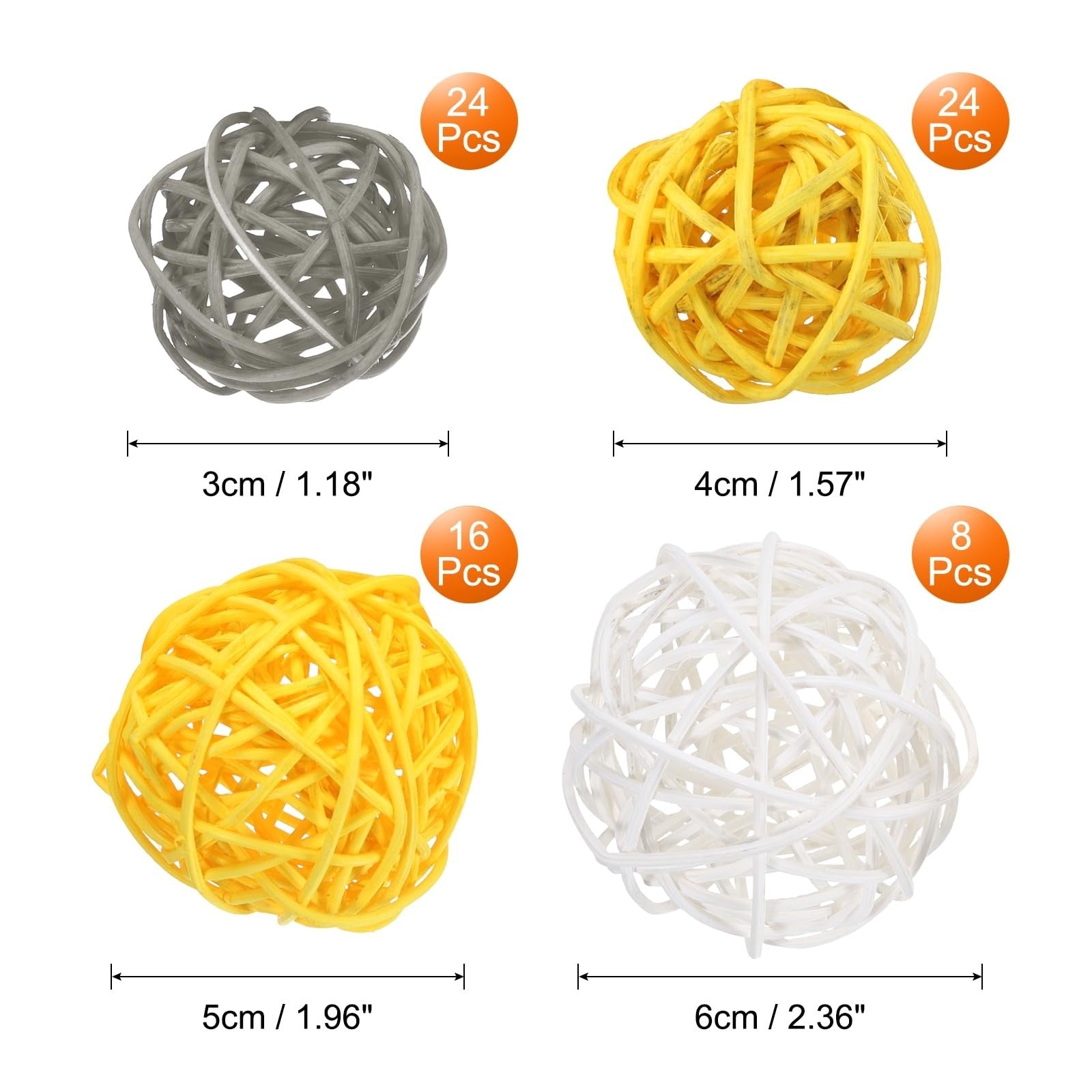 sourcing map 72 Pcs Wicker Rattan Balls, 1.2" 1.6" 2" 2.4" Wood Decorative Balls