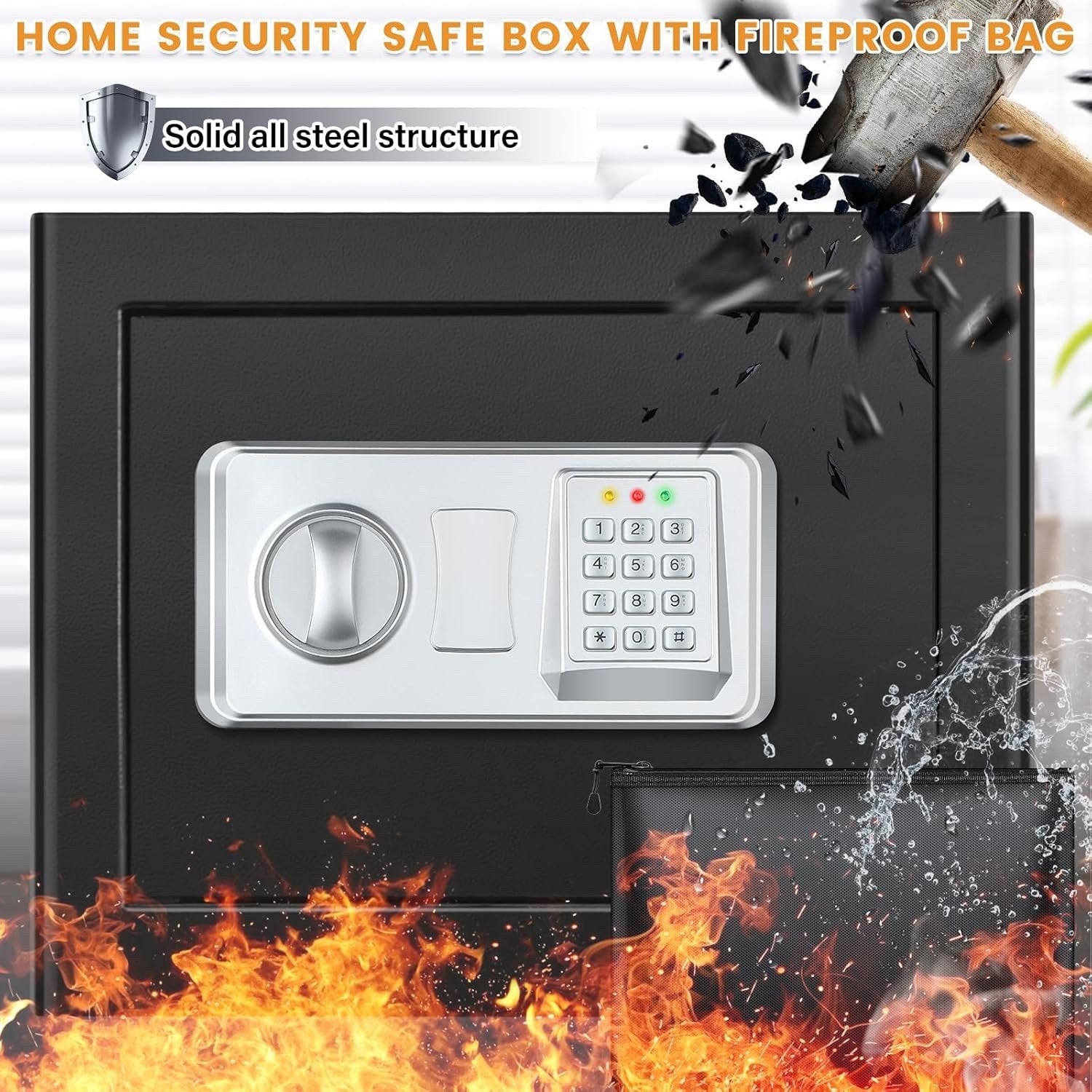 Digital Safe Box 34L Home Security Fireproof Money Bag Removable Shelf Black