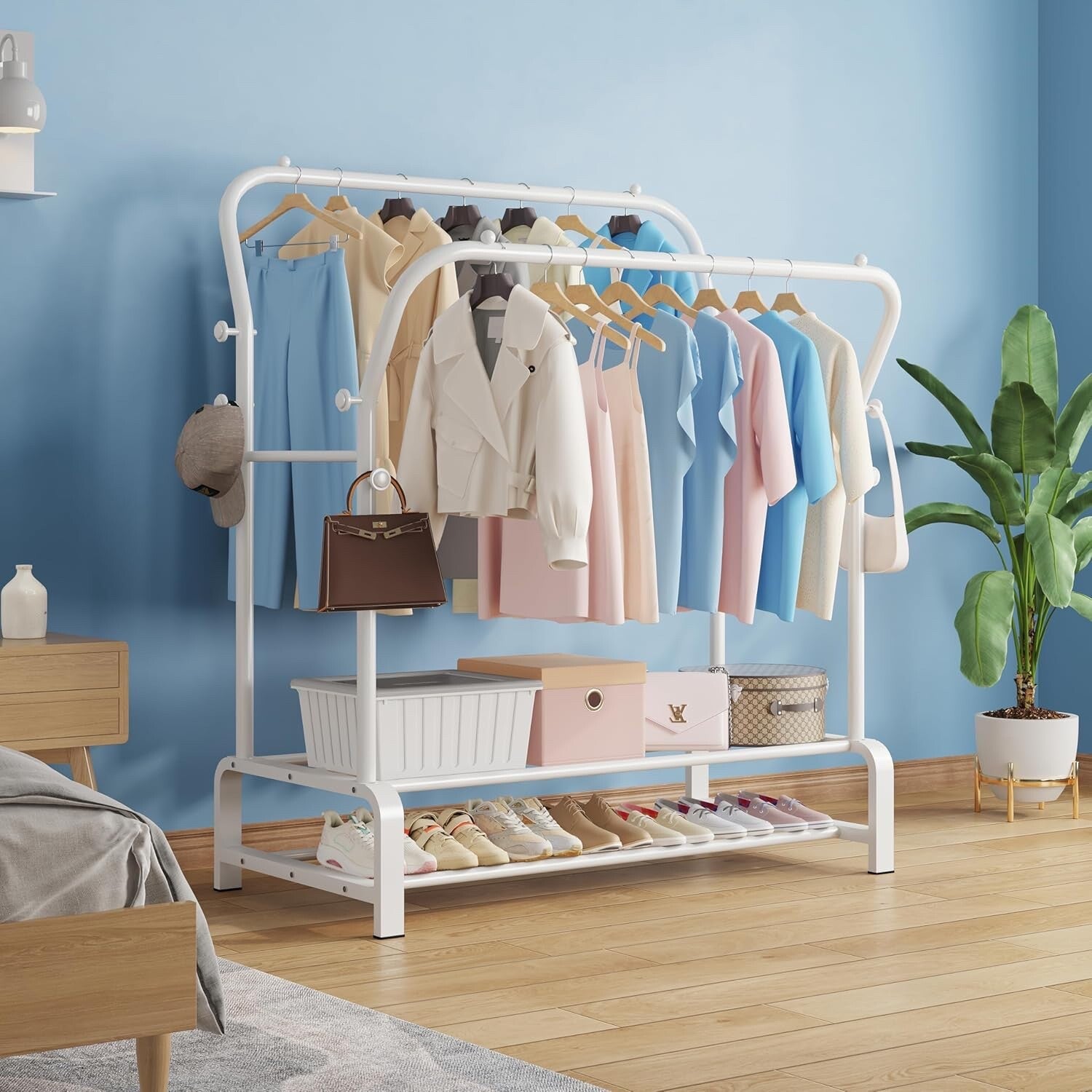 SMILOVII Heavy Duty Clothes Rail with Metal Double Coat Stand Rack White