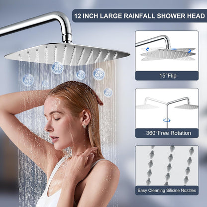 Rain Shower System 12" Rectangular XXL Stainless Steel Hand Shower Hose Rail