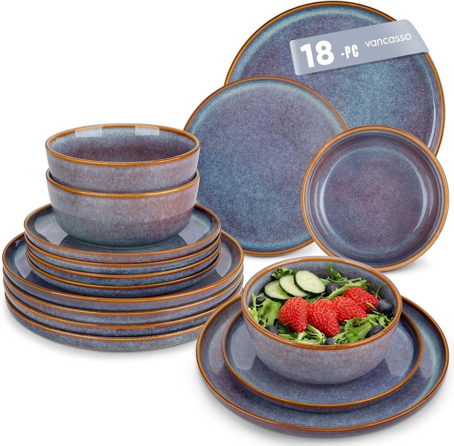 Dinner Plates Bowls Set 18 Piece Stoneware Service For 6 Lavender Blue Crockery