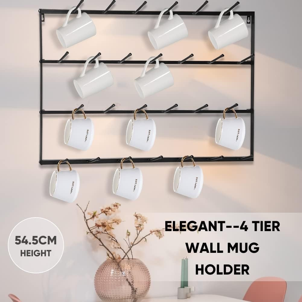 Wall Mounted Mug Holder 4 Tier Wrought Iron Coffee Cup Rack Black