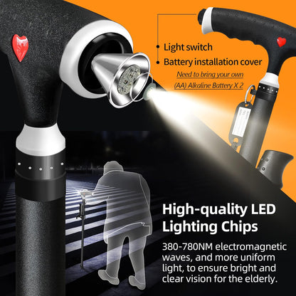Walking Stick Adjustable 2nd Handle LED Light Men Women Seniors Arthritis Black
