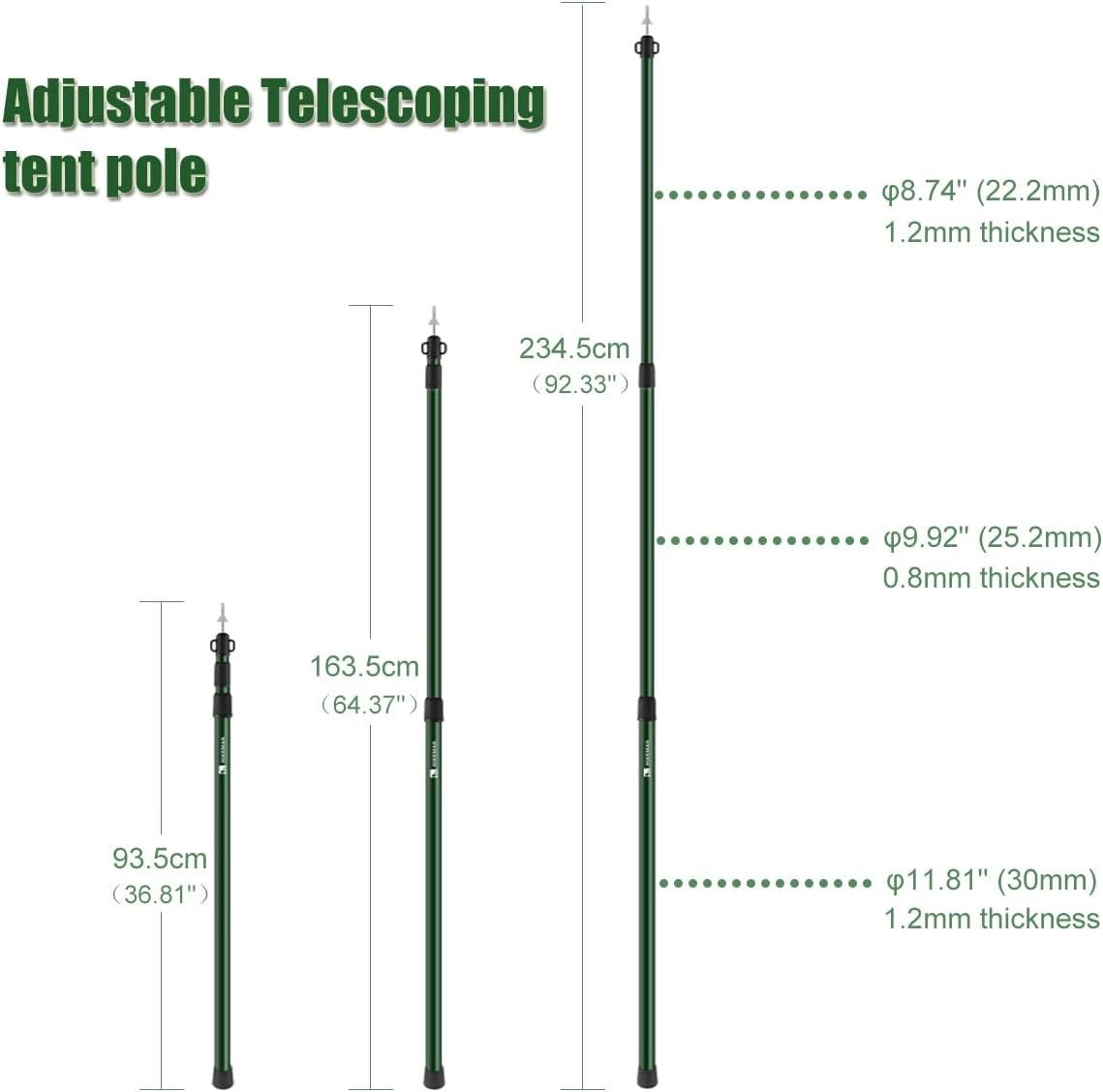 Telescopic Tent Poles Camping 2 Pack 90-230cm Aluminium Tarp Awning Canopy Black