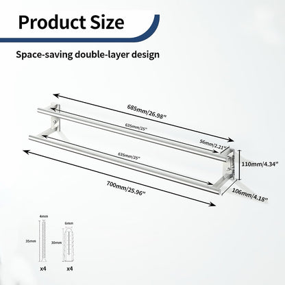 Towel Rail Double Bathroom Holder 70cm Brushed Stainless Steel Wall Mounted Rack