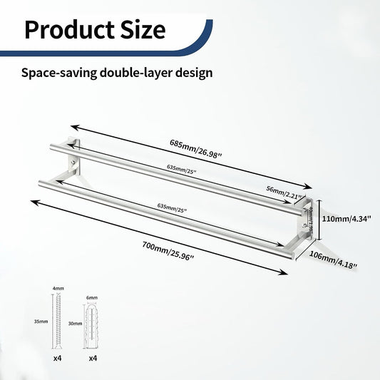 Towel Rail Double Bathroom Holder 70cm Brushed Stainless Steel Wall Mounted Rack