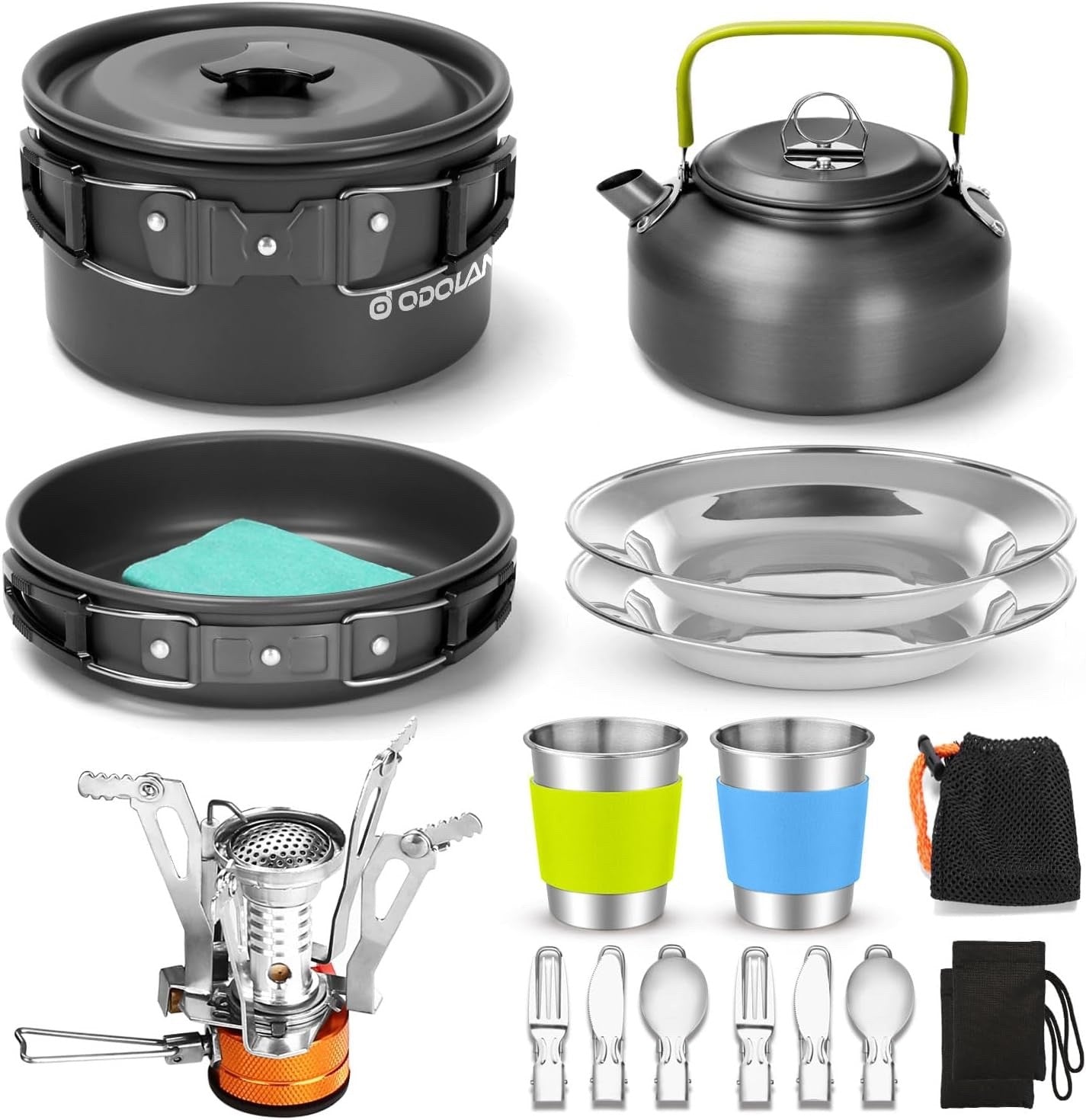 Odoland 16pcs Camping Cookware Set Portable Non Stick Pot Pan Kettle Stove