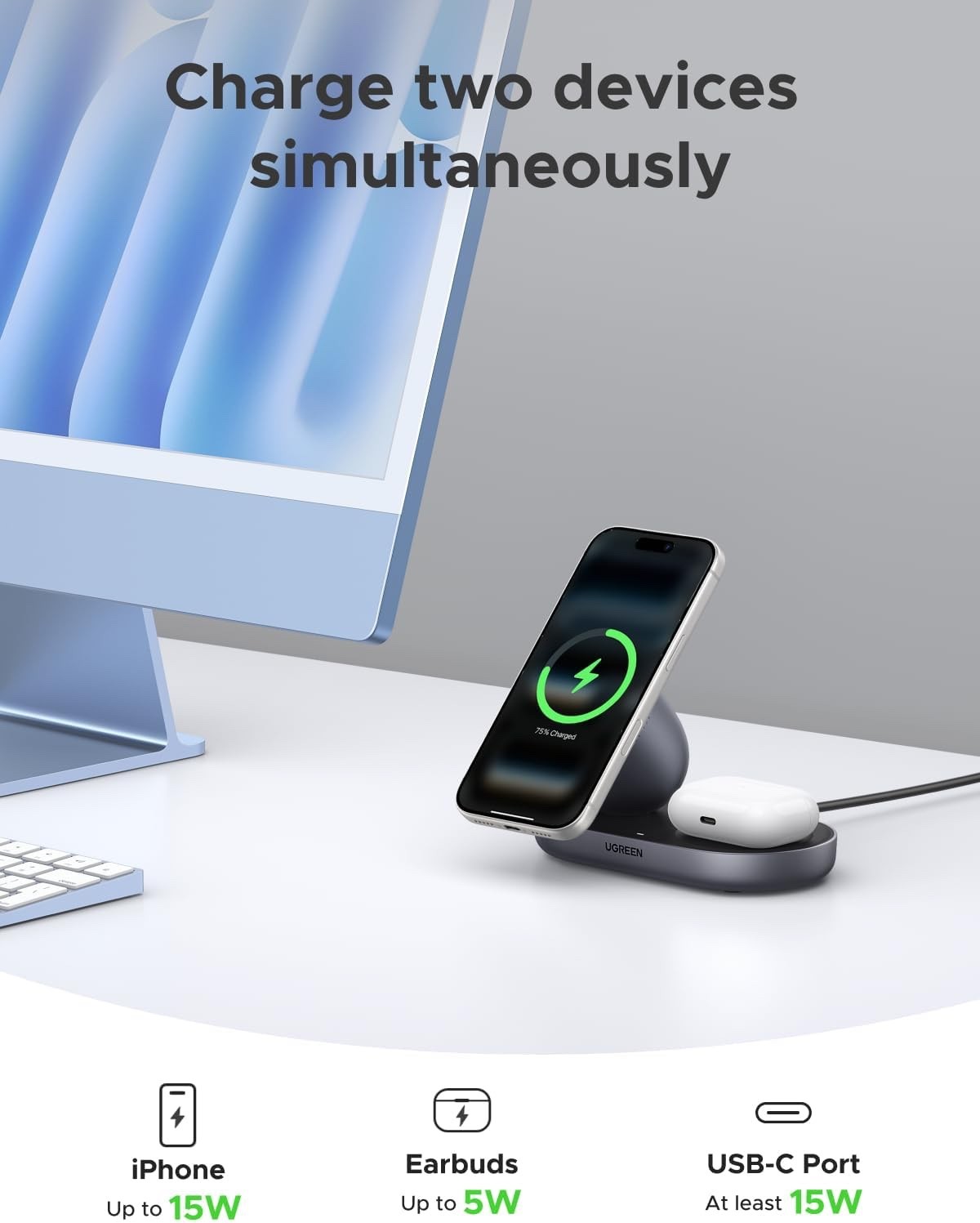Qi2 Magnetic Wireless Charger Stand 15W 2-in-1 iPhone AirPods USB-C Grey Dock