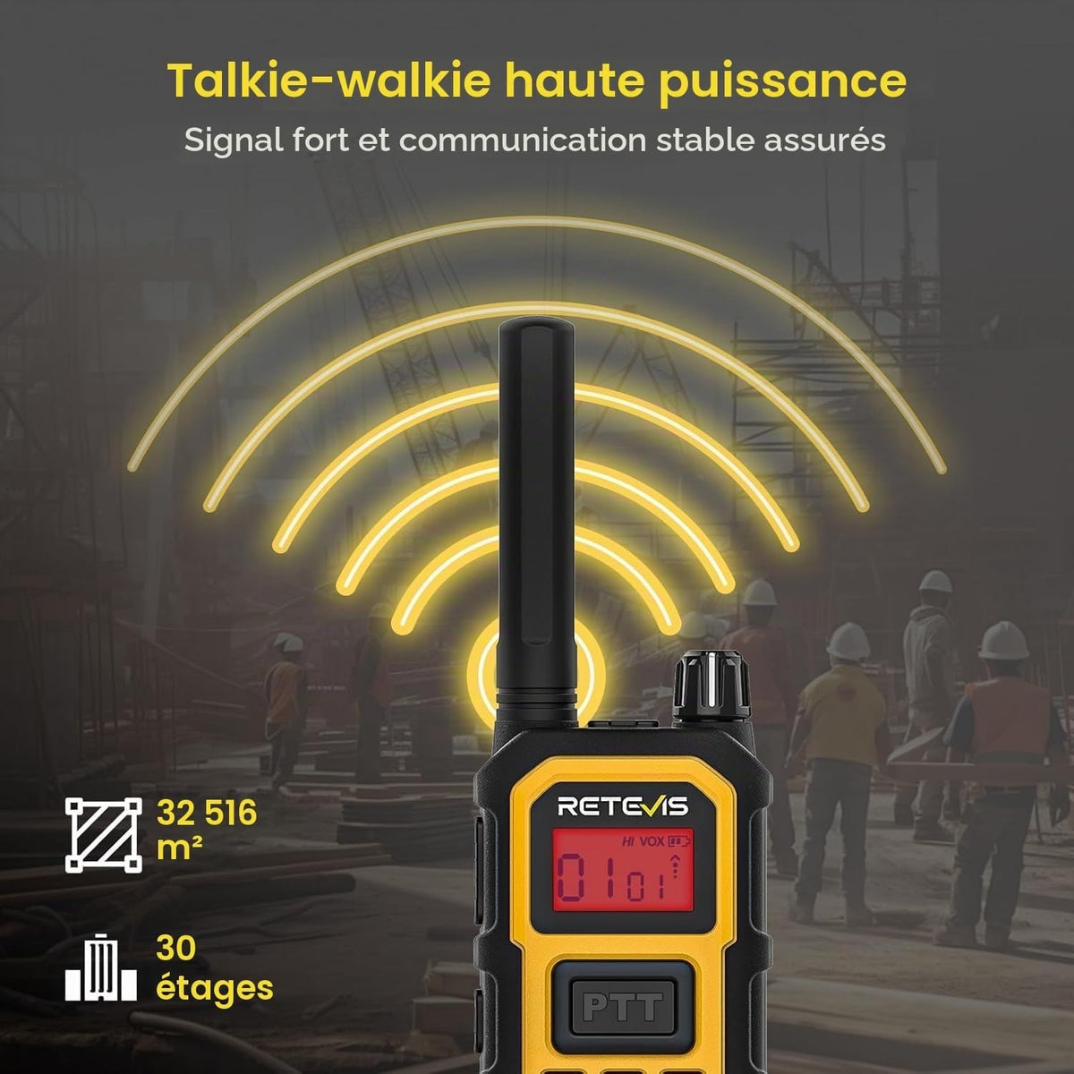 Walkie Talkie Two Way Radios Long Range IP67 Waterproof 2000mAh 4 Pack Yellow