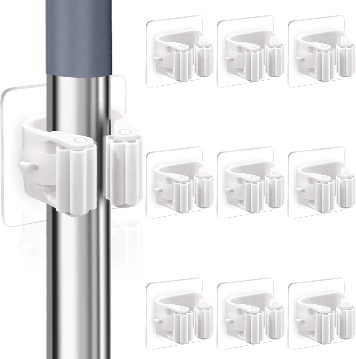 6-Pack Wall Mounted Broom Holder – Self-Adhesive ABS Mop Hanger Clips