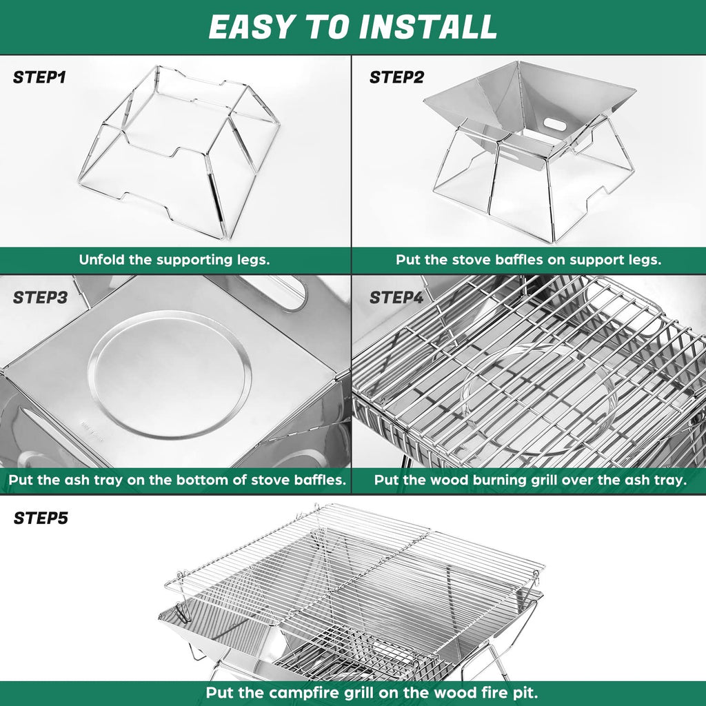 Odoland XL Portable Collapsible Campfire Grill Fire Pit Stainless Steel Outdoor