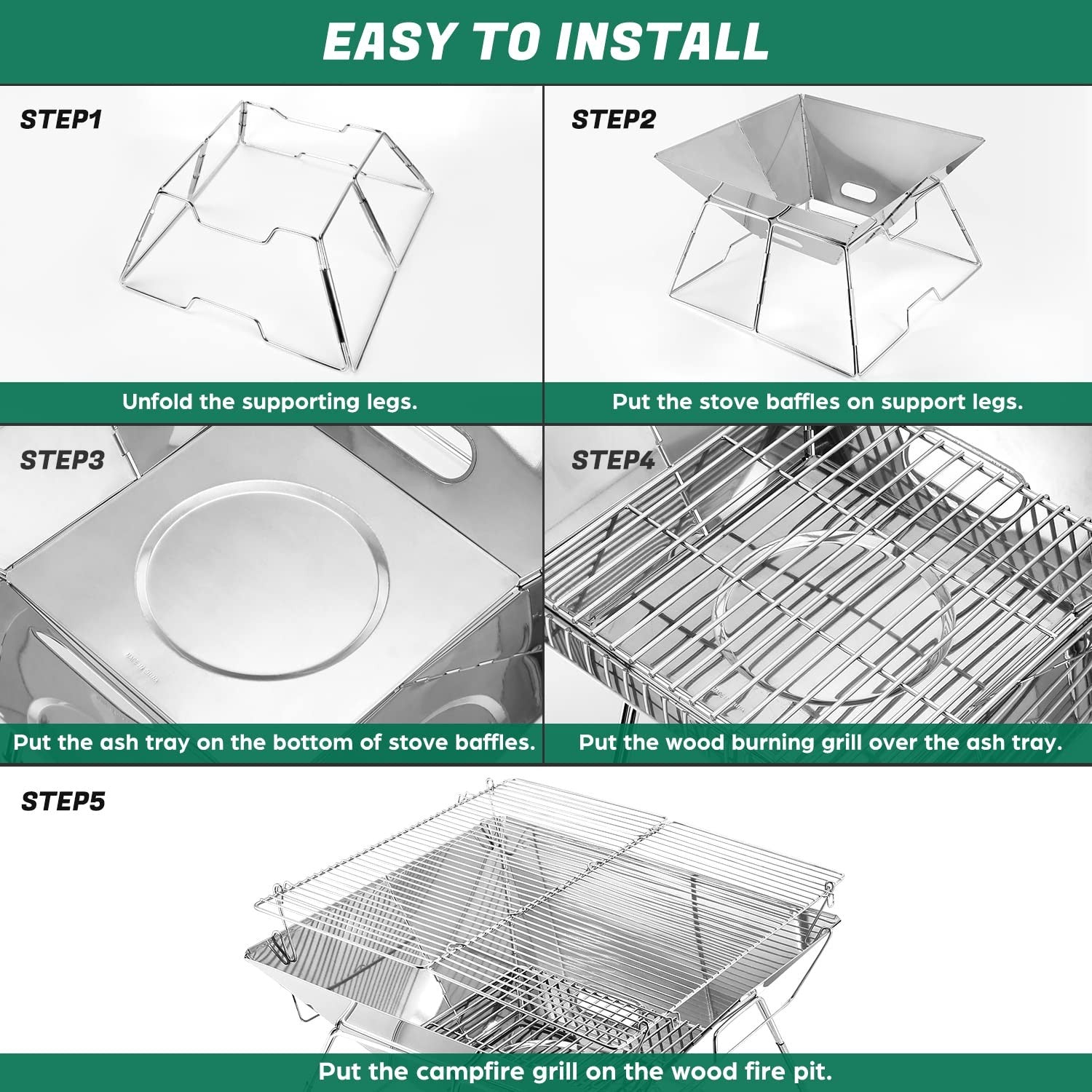 Odoland XL Portable Collapsible Campfire Grill Fire Pit Stainless Steel Outdoor