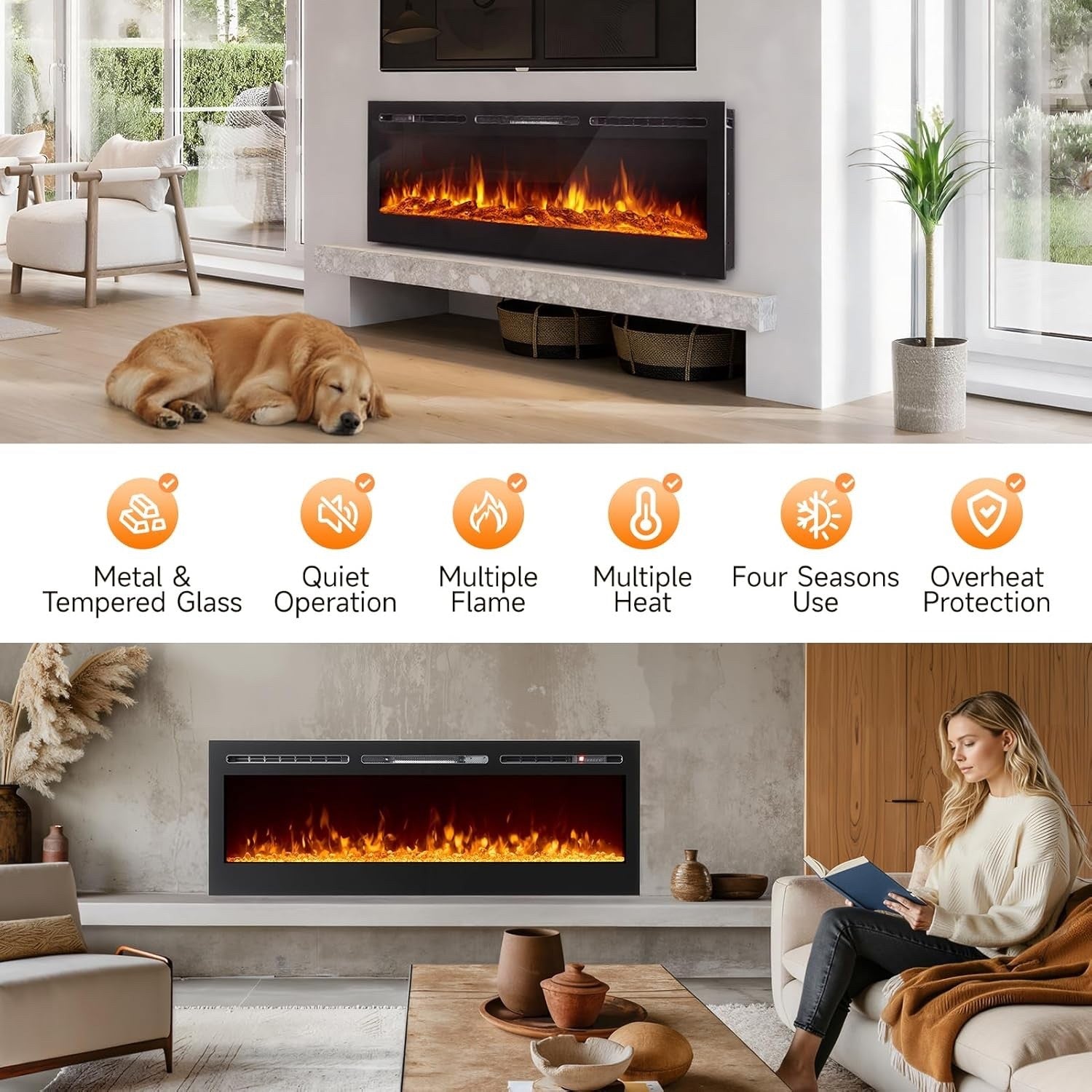 INMOZATA 127cm Electric Fireplace Recessed/Wall 12-Colour LED Flame 900/1800W