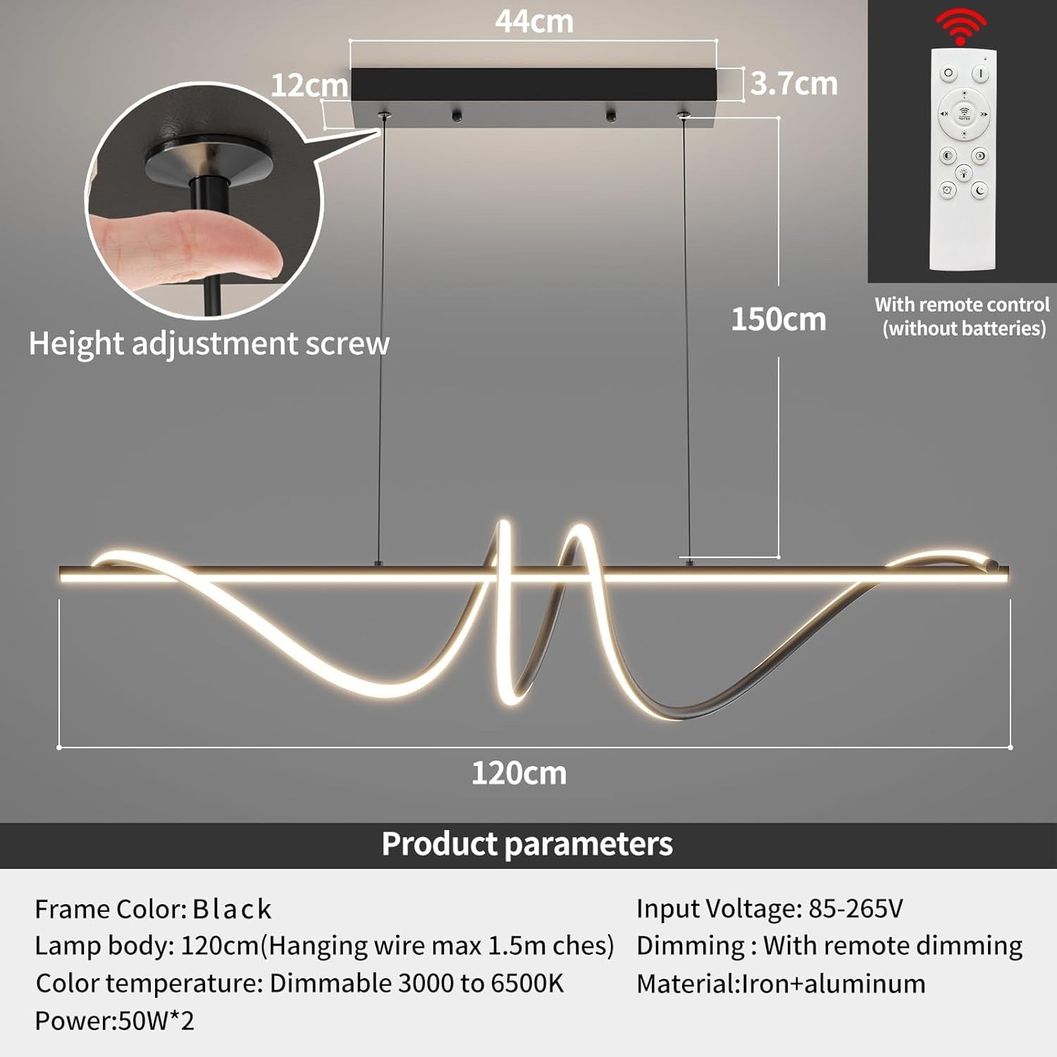 Mikeru 120cm Black Spiral LED Pendant Light Modern Dining Table Lighting Dimmabl