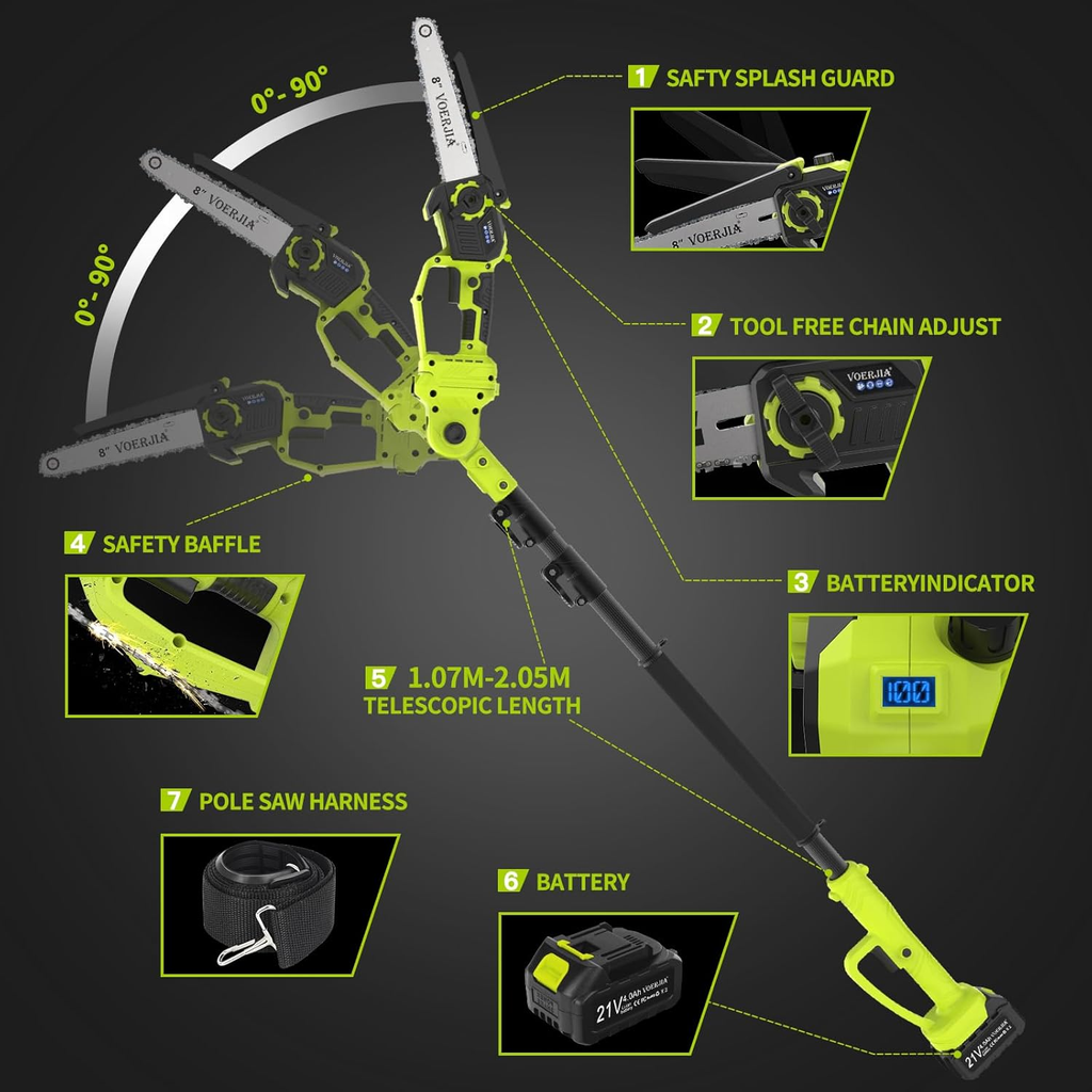 2-In-1 Cordless Pole Chainsaw 6 & 8in Brushless Telescopic Saw Auto Oiler