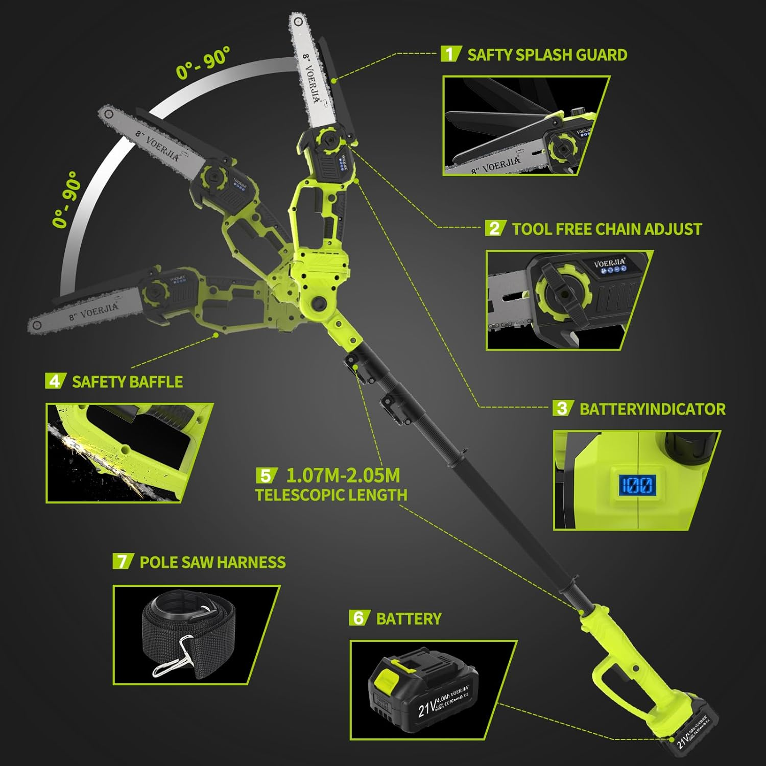 2-In-1 Cordless Pole Chainsaw 6 & 8in Brushless Telescopic Saw Auto Oiler
