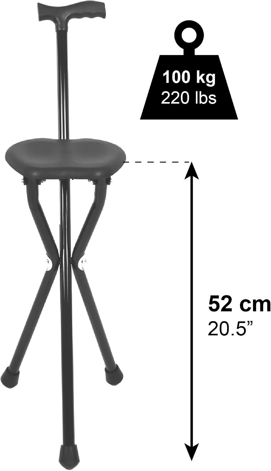 Walking Stick Seat Chair Folding Cane Aluminium 3 Leg Seniors 87cm Black 100kg