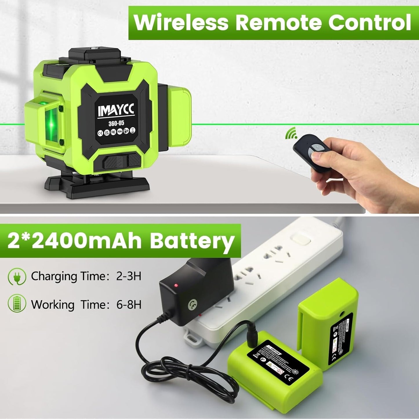 IMAYCC 3D Green Laser Level Self Level 12 Lines Cross Line Tool Indoor Outdoor