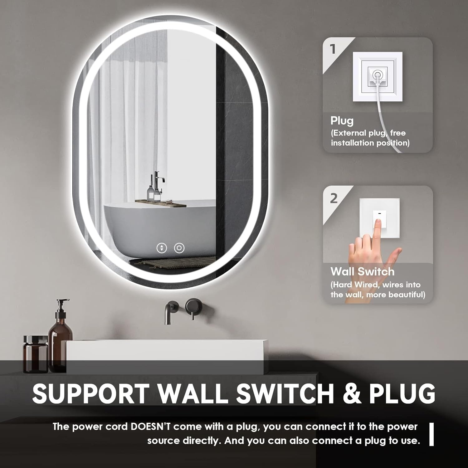 Oval LED Bathroom Mirror 50x70cm Dimmable 3 Colour Anti Fog Memory IP44 Backlit