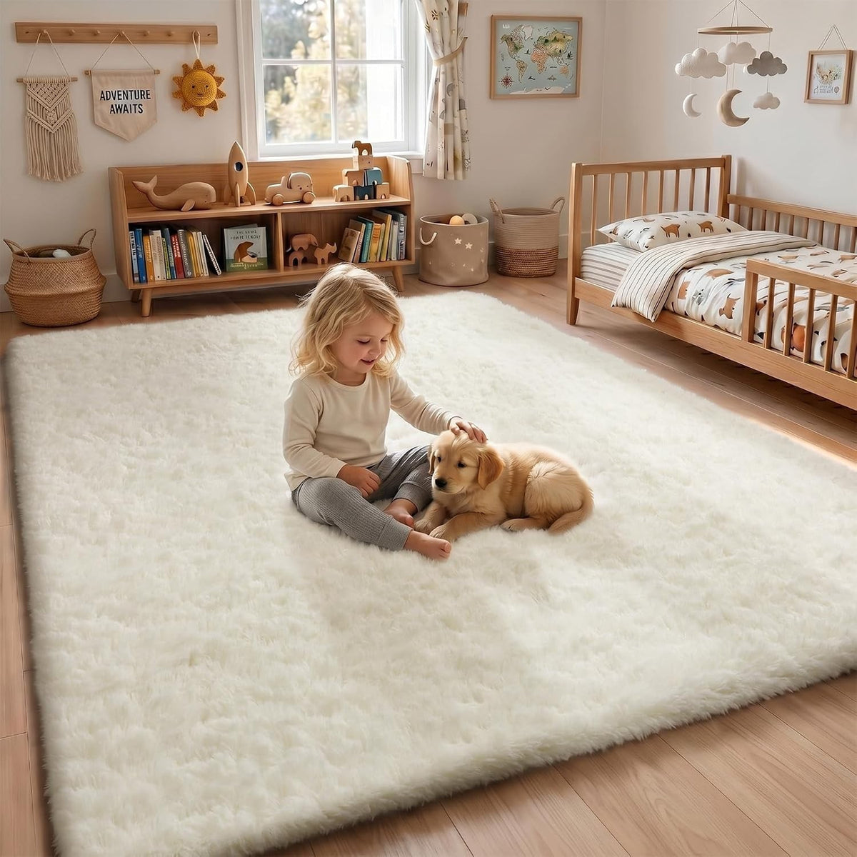 Living Room Rug Carpet 140x200cm Cream Fluffy Shaggy Non Slip Soft Washable