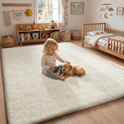 Living Room Rug Carpet 140x200cm Cream Fluffy Shaggy Non Slip Soft Washable