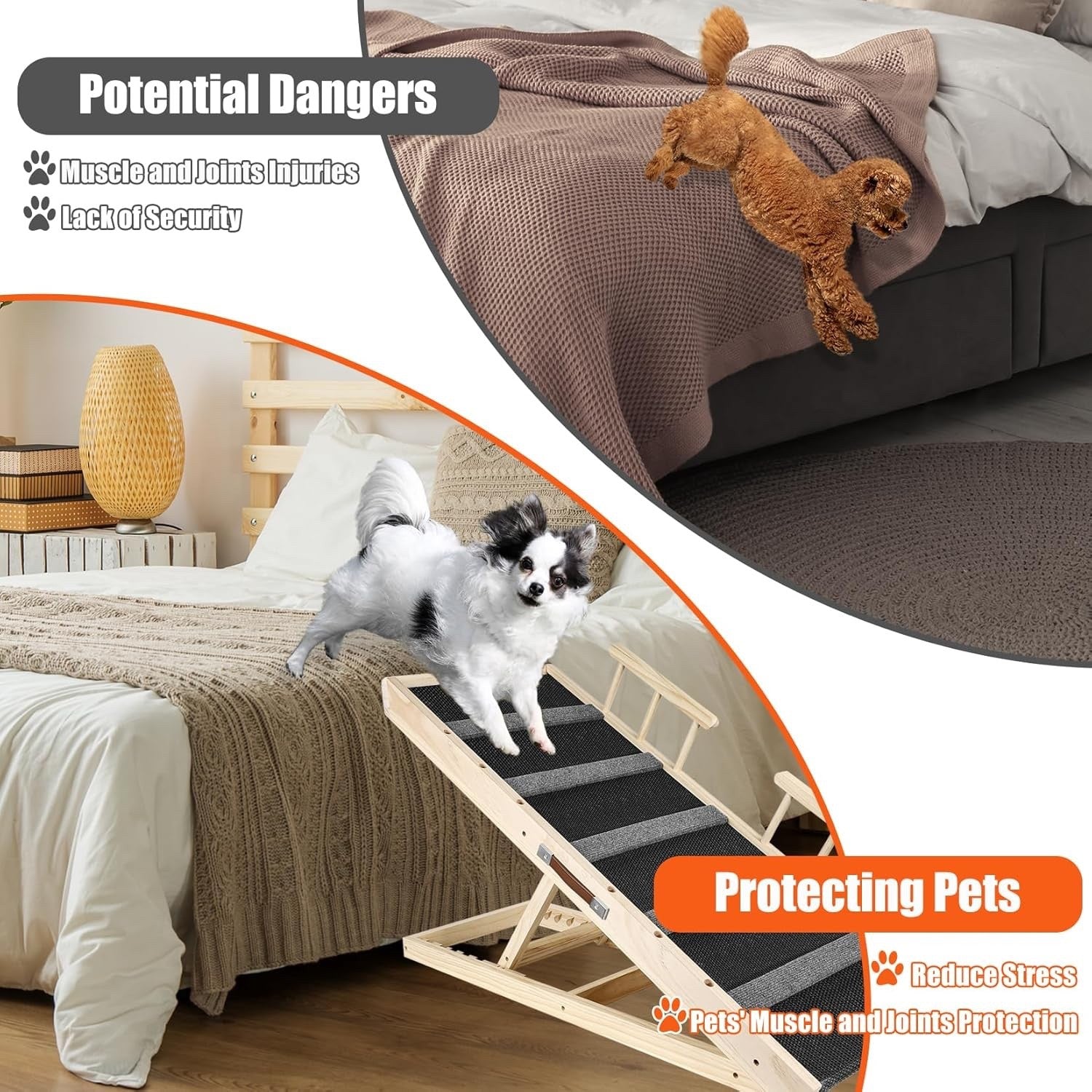 Adjustable Wooden Pet Dog Ramp Non-Slip Rubber Surface for Bed Sofa Car – Brown