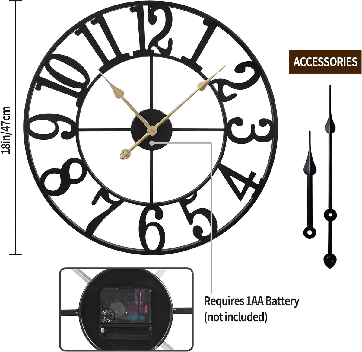 Large Wall Clock Metal Round 47cm Black Silent Non Ticking Battery Vintage Style