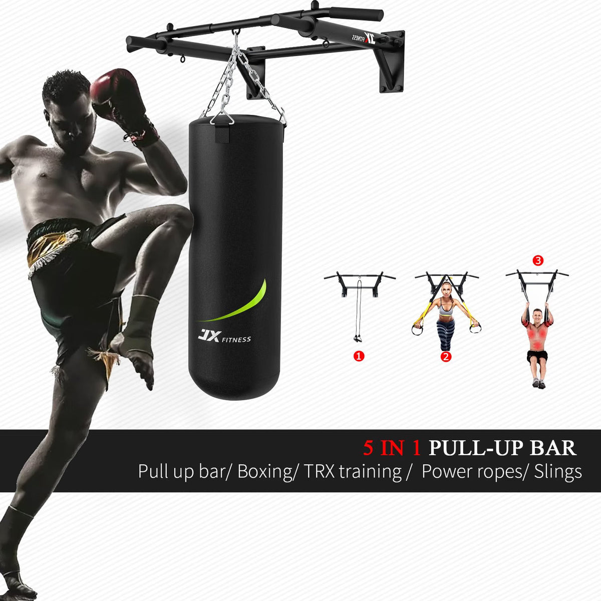 Pull Up Bar Wall Mounted Chin Up 125kg Home Gym Punch Bag TRX Training Black