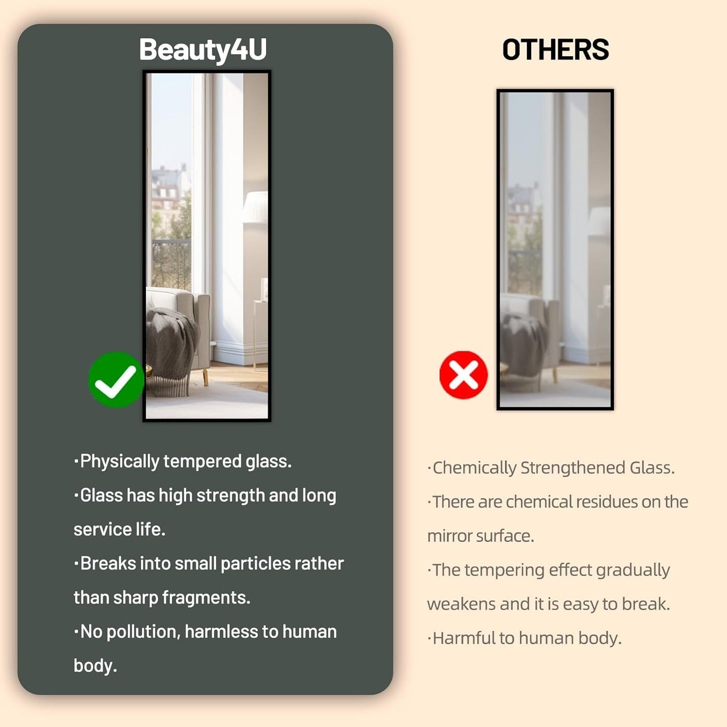 Full Length Floor Mirror 150x50cm Freestanding Leaning Hanging Black Frame Alloy