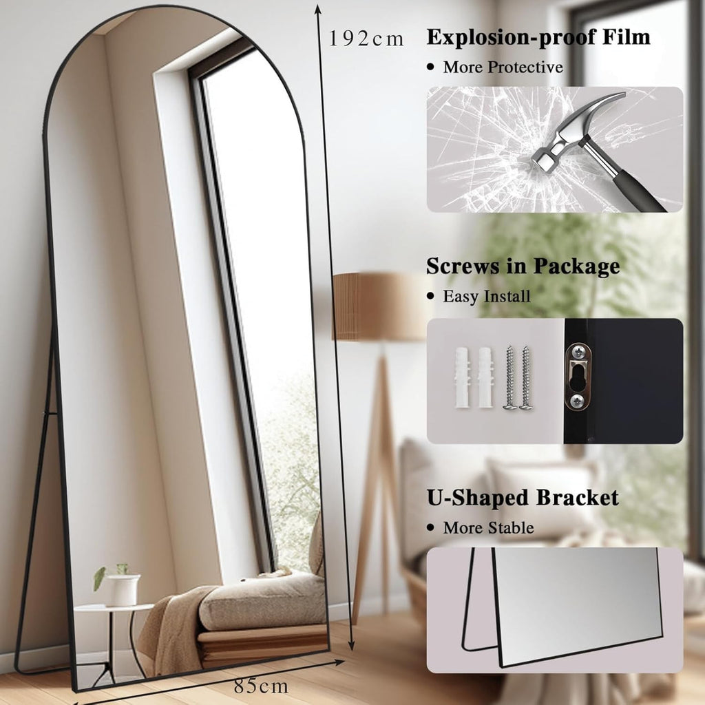 Oversized Arch Floor Mirror 192x85cm Full Length Black Frame Wall Mount