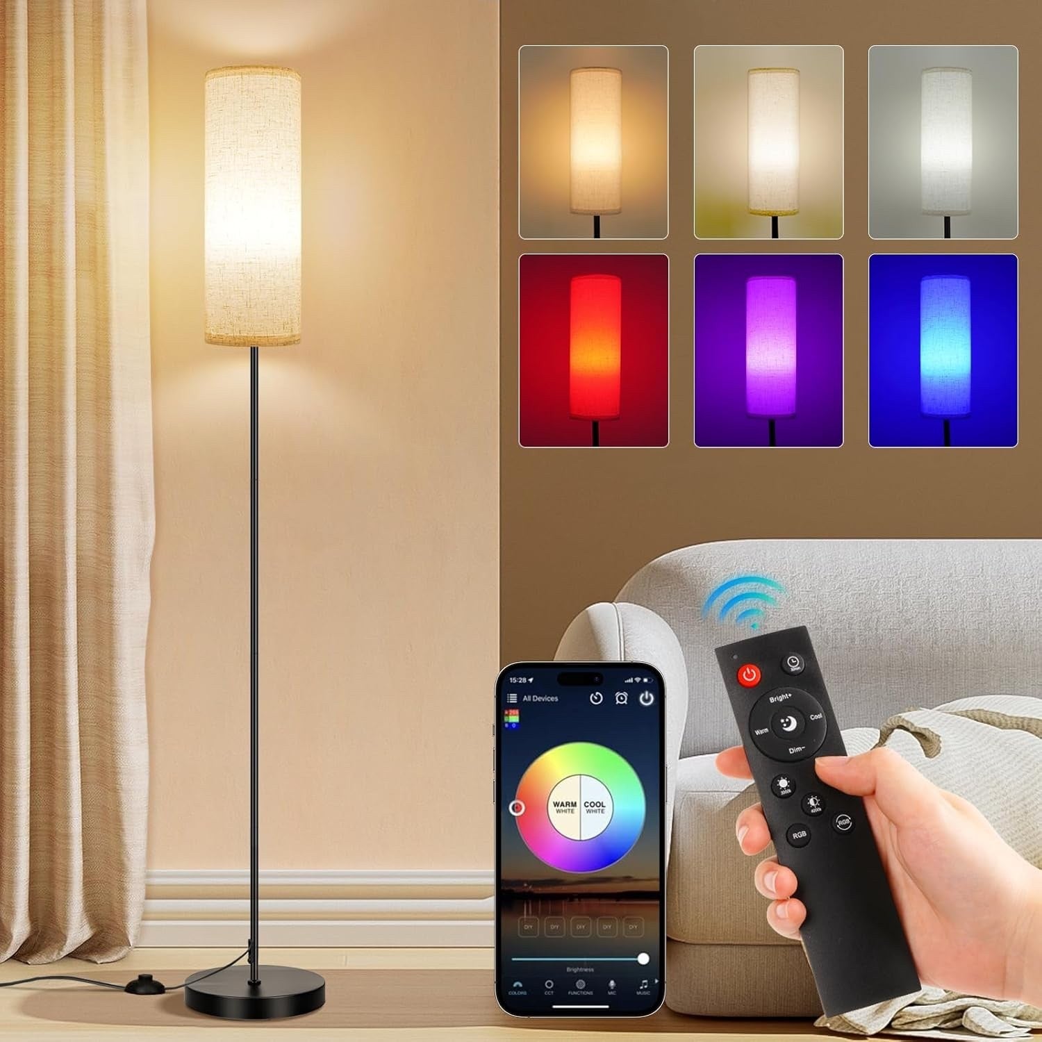 RGB Smart LED Floor Lamp Dimmable w/Remote Foot Switch Beige Shade