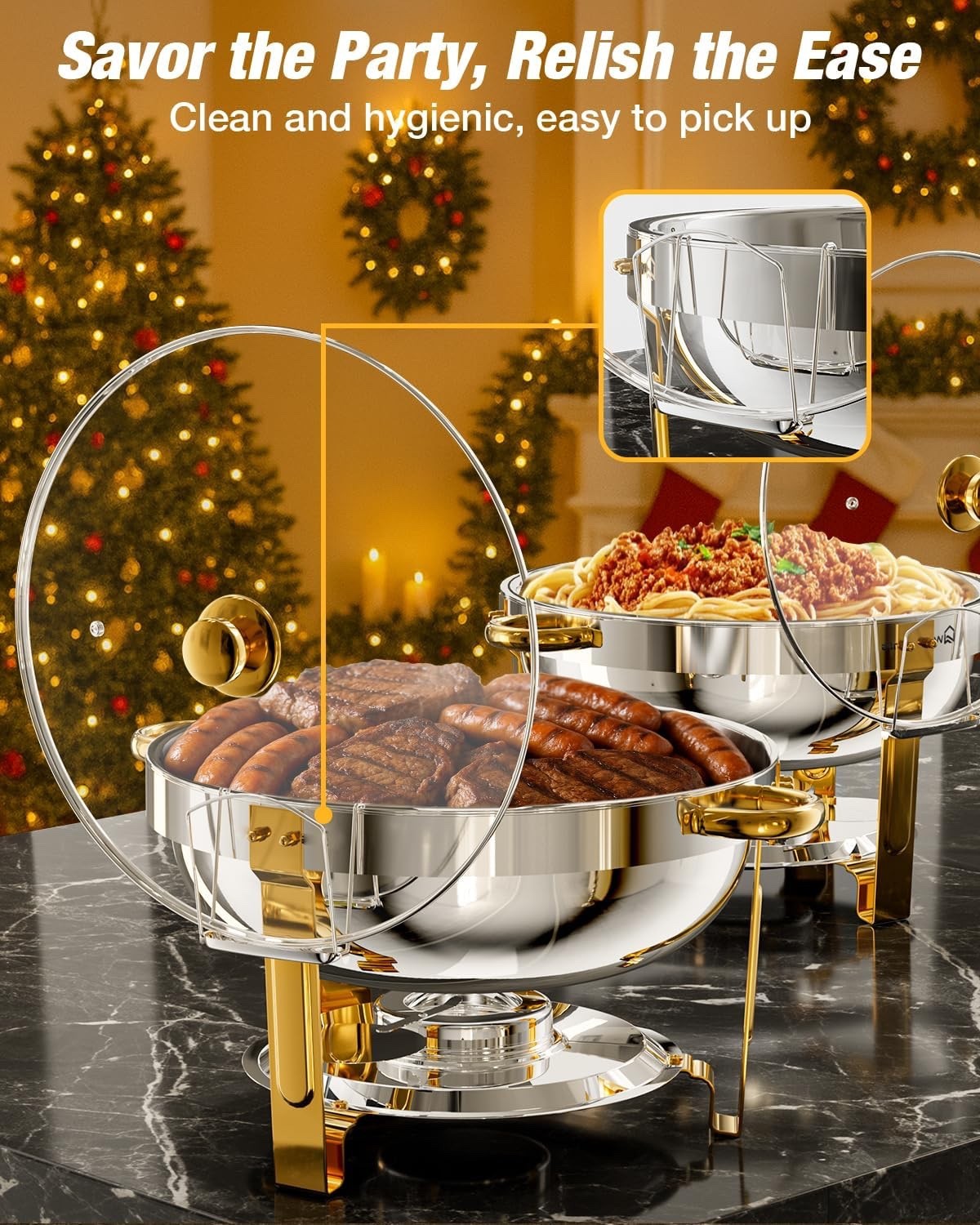 Chafing Dish Buffet Set 2 Pack 5L Stainless Steel Food Warmer Glass Lid Gold