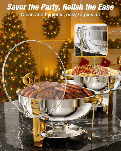 Chafing Dish Buffet Set 2 Pack 5L Stainless Steel Food Warmer Glass Lid Gold