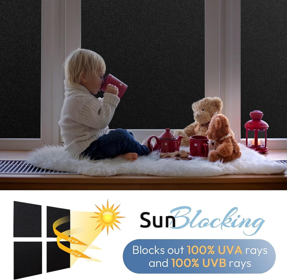 Window Film Blackout Privacy 75x400cm Black Static Cling UV Sun Heat Blocking