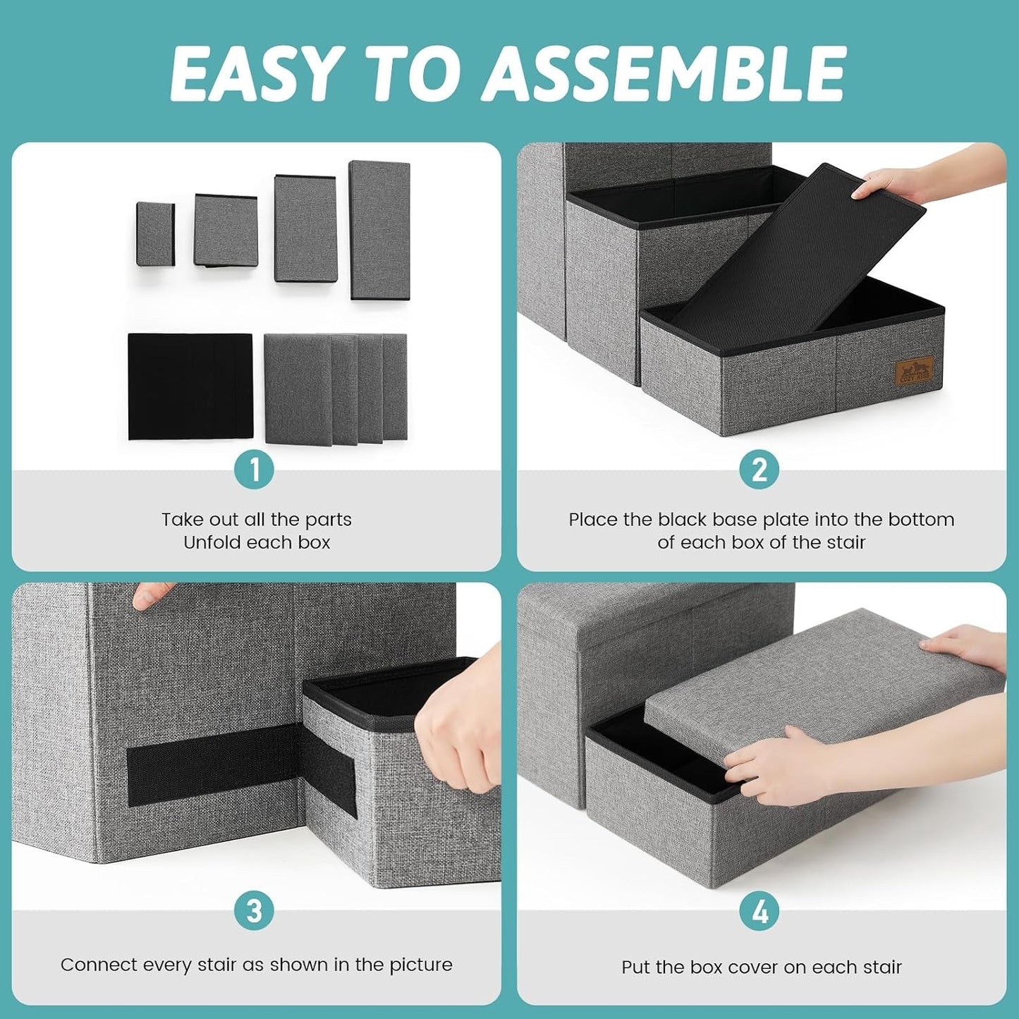 Dog Stairs Pet Steps Foldable Storage Ramp Grey Leakproof Sofa 4 Step 38.1x17x22