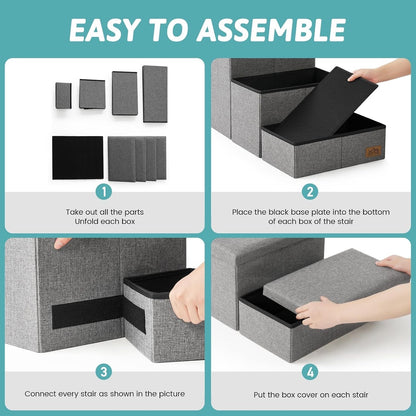 Dog Stairs Pet Steps Foldable Storage Ramp Grey Leakproof Sofa 4 Step 38.1x17x22