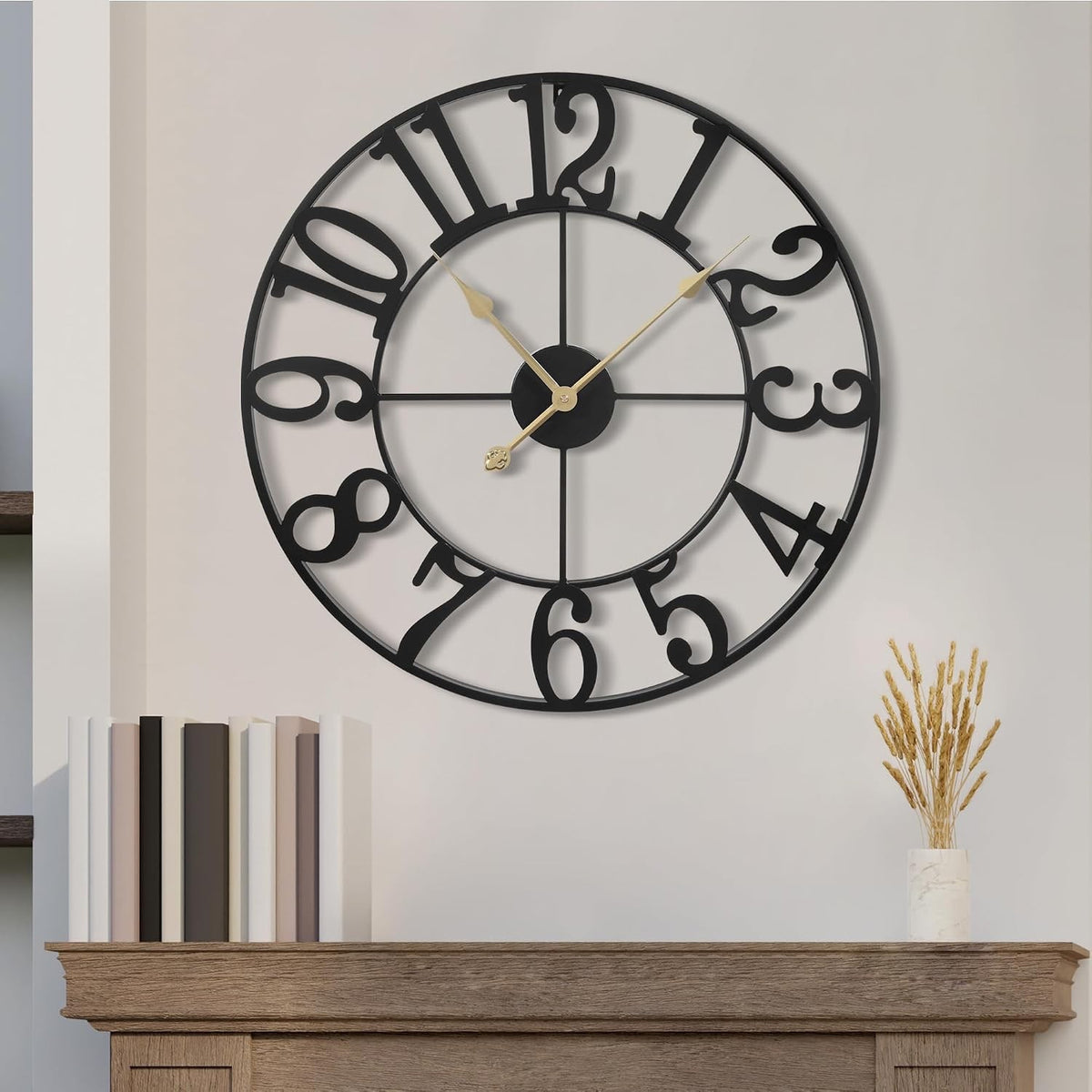 Large Wall Clock Metal Round 47cm Black Silent Non Ticking Battery Vintage Style