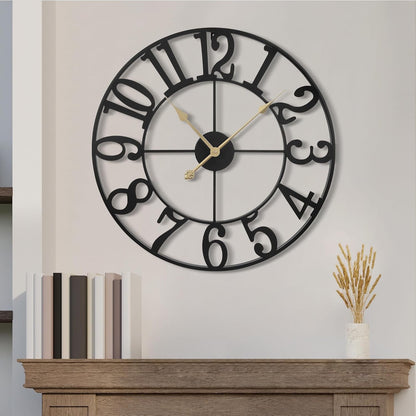 Large Wall Clock Metal Round 47cm Black Silent Non Ticking Battery Vintage Style