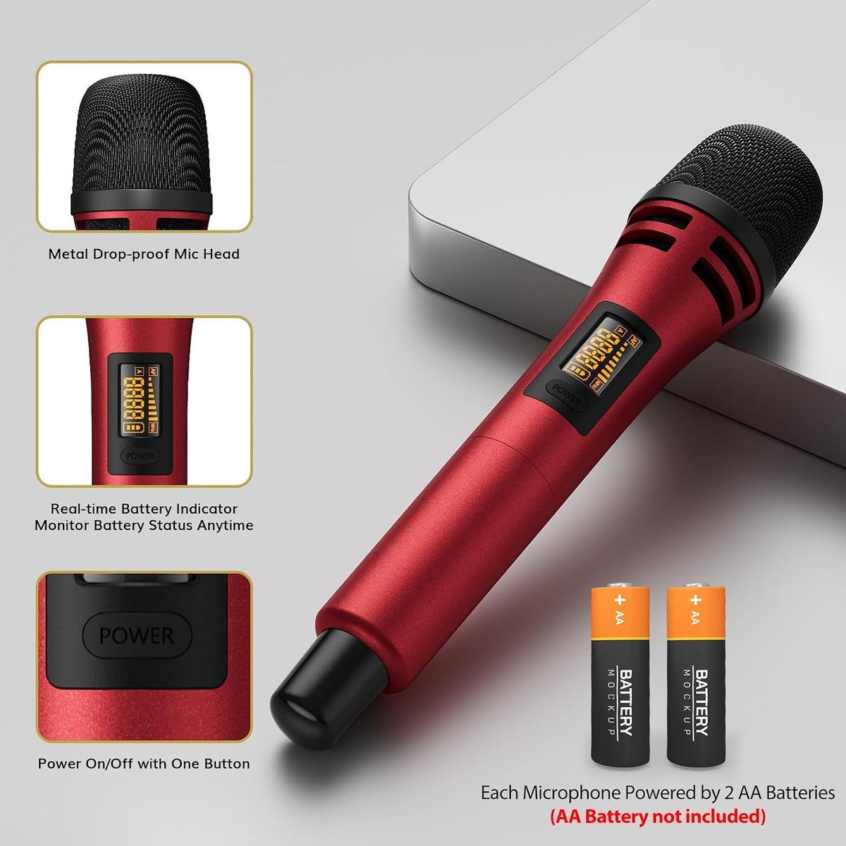 Wireless Microphones UHF Dual Handheld Karaoke Mics Receiver 60m Set Black Red