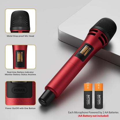 Wireless Microphones UHF Dual Handheld Karaoke Mics Receiver 60m Set Black Red